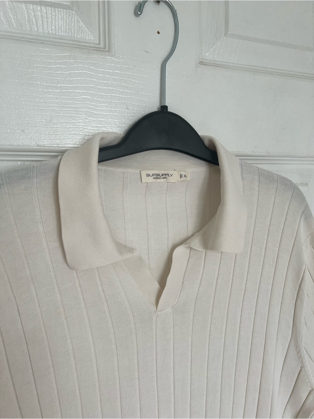 Suitsupply Silk Cotton Ribbed Knit Polo Shirt Men's Size XL Short Sleeve Ivory - Picture 3 of 8